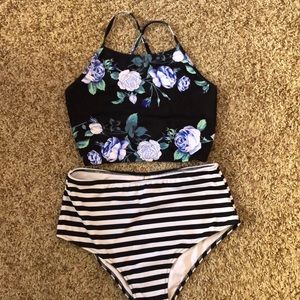 CupShe High Waisted Floral and Striped Swimsuit
